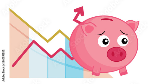Cartoon piggy bank with sad expression next to falling stock market graph illustrating financial loss concept