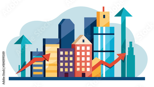 Real estate market growth chart with upward trend and city skyline in blue and orange gradient