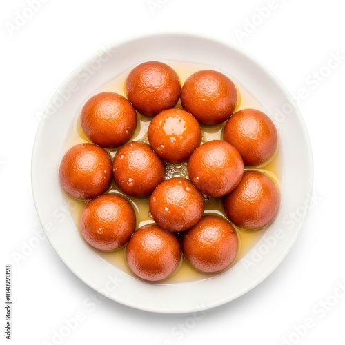 Overhead shot of gulab jamun, a classic indian sweet, isolated on white background, served in a white bowl, showcasing its rich, syrupy texture