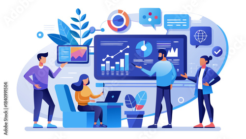 Diverse business team analyzing data on digital dashboard with futuristic tech icons and growth charts