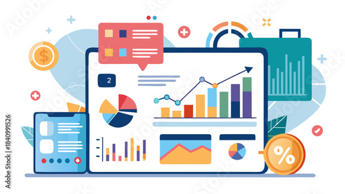 Business analytics dashboard on digital tablet and laptop with financial growth charts and currency symbols
