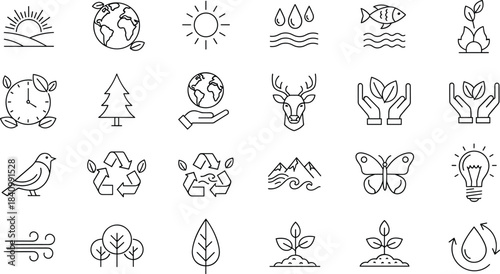 Ecology, Nature, and Environmental Protection Vector Icon Set: Recycling, Renewable Energy, Wildlife, Earth Day, Water Drops, and Sustainable Life Symbols, Line Art