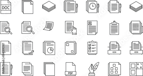 Document, File, and Paperwork Management Vector Icon Set: Contract, Report, Search, Checklist, Data Archive, and Office Administration Symbols, Line Art