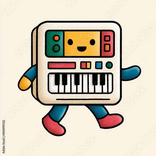 synthesizer stock illustration Cute Cartoon Synthesizer Character with Happy Face and Keyboard synthesizer concept detailed high quality composition suitable for commercial use vibrant color palette