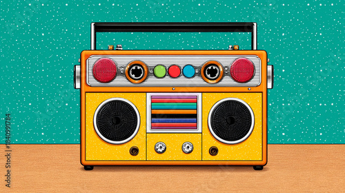 illustration stock illustration Vibrant Retro Boombox Illustration with Colorful Background illustration concept detailed high quality composition suitable for commercial use vibrant color palette