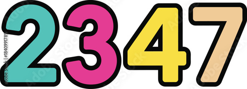Playful cartoon number 2347 in teal pink yellow and orange with bold outlines.