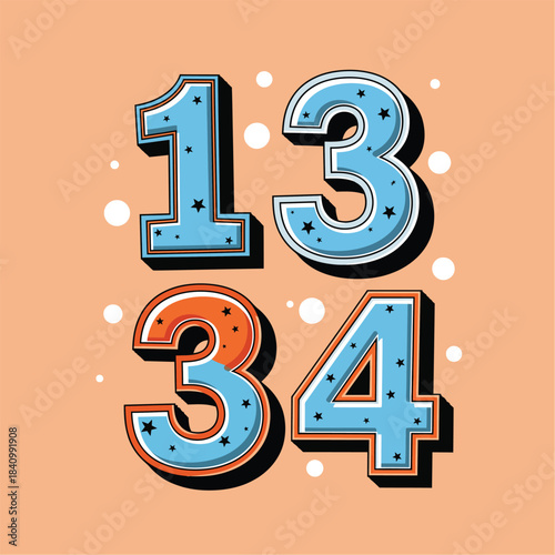 Retro Pop Art Numbers 1 3 3 4 with Blue Starry Texture and 3D Effect.