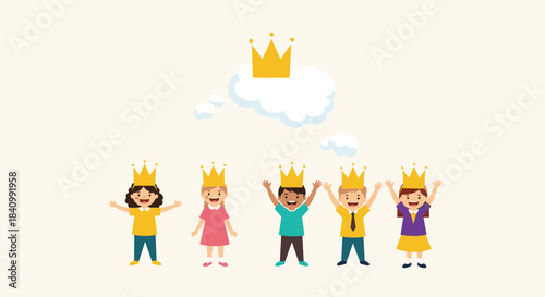Five happy and diverse children wearing golden crowns imagine a larger crown in a thought bubble, symbolizing shared dreams and aspirations.