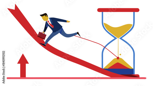 Business professional rushing against time on upward growth arrow with hourglass concept