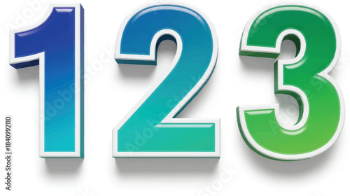 Vibrant 3D numbers 1 2 and 3 with a blue to green color gradient and white outline.