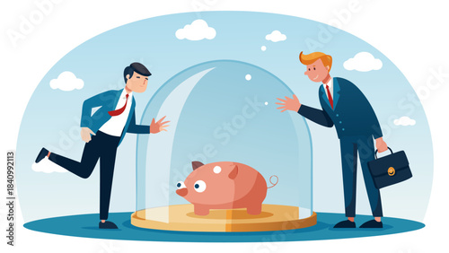 Business professionals analyzing financial growth with piggy bank under magnifying glass in bright office