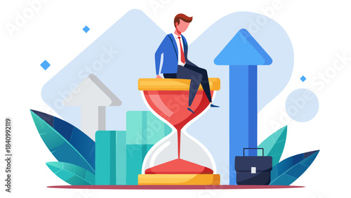 Business professional balancing work-life harmony on giant scale with office and nature elements