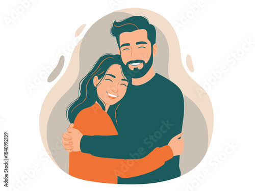 Illustration of a happy couple embracing each other with love and affection in a warm, friendly manner for greeting card use