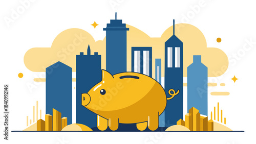 3d golden piggy bank with coins in front of modern city skyline illustrating financial growth and investment