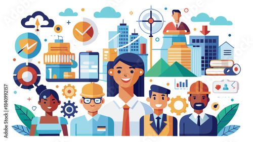 Diverse professionals collaborating in modern office with technology and business icons illustration