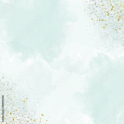 An abstract green watercolor background with soft textured patterns and gold splashes.