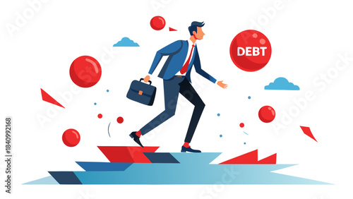 Businessman balancing on sinking ship with debt arrows and red balloons illustrating financial crisis concept