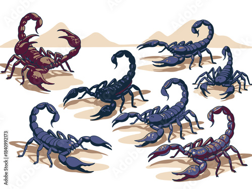 Collection of various scorpions in different colors and poses on a beige background for educational or nature themed projects
