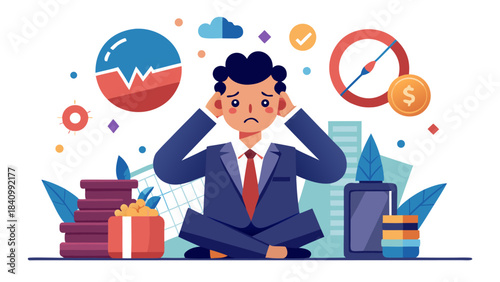 Stressed businessman overwhelmed by financial debt and holiday expenses at office desk