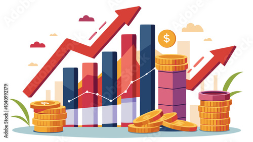 3D financial growth chart rising with golden coins and stacks illustrating business profit and investment success
