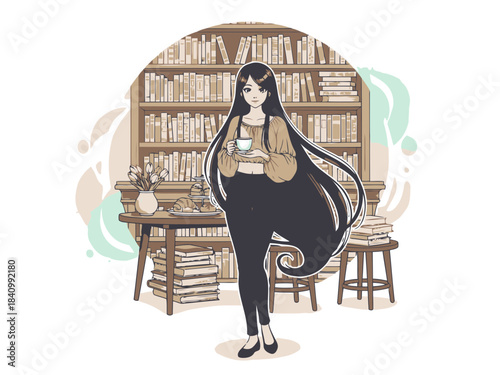 Illustration of a young woman with long dark hair wearing glasses, skirt, and sweater standing in a cozy library room filled with books on wooden shelves