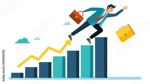Business professional leaping over rising bar chart with growth and success concept in flat design