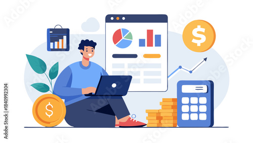 Young entrepreneur analyzing financial data on laptop with digital marketing charts and investment growth icons