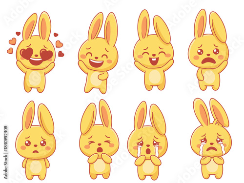 Collection of adorable cartoon bunny characters expressing happy sad surprised and loving emotions in various poses