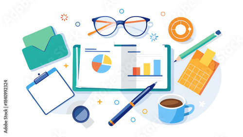 Flat lay workspace with eyeglasses, coffee, charts, and office supplies on light background