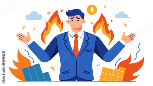 Stressed businessman with arms out in frustration amidst burning documents and office supplies