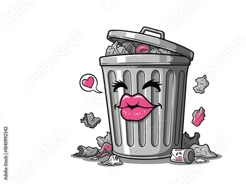 Cartoon trash can character with pink lips and expressive face on a