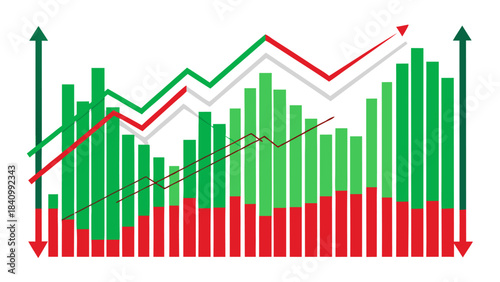 3D financial growth chart with rising and falling trends in green and red colors for business analysis