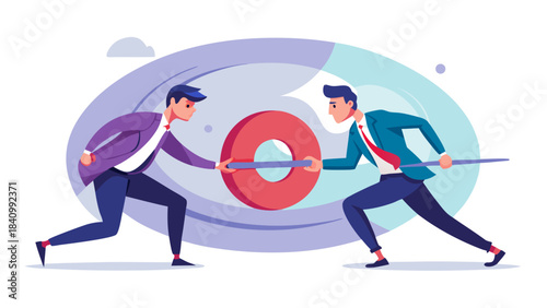 Business professionals racing towards target with large red zero symbol in competitive corporate environment