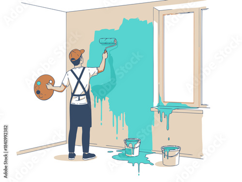 Person painting a wall with blue paint using a brush and palette in a room with two windows and supplies