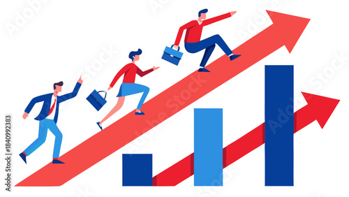 Business professionals racing on upward trending growth chart with success and competition concept