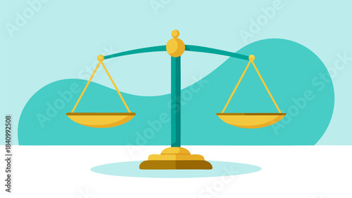 3D balance scale with golden coins on turquoise ocean wave background for financial equity concept