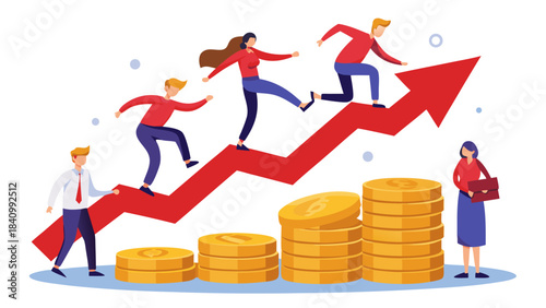 Business team climbing upward arrow towards financial growth and success with gold coins stack