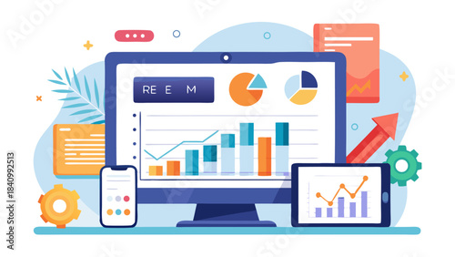 Real Estate Investment Dashboard on Laptop with Financial Growth Charts and Property Icons