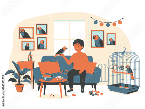 Young man enjoying leisure time at home with pet parrot sitting on hand in cozy living room scene