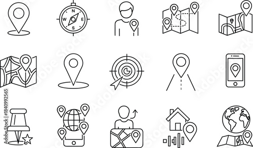 Location, Navigation, and GPS Tracking Vector Icon Set: Map Pins, Compass, Target, Smartphone App, Global Position, and Travel Route Symbols, Line Art