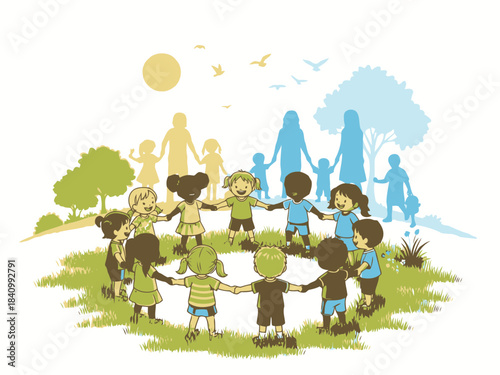 Children playing outdoors in a circle holding hands with adults and family members enjoying sunny day in park