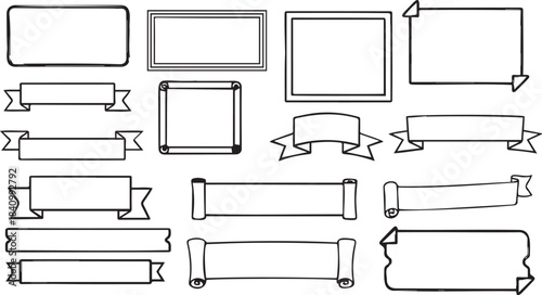 Black and White Illustration of Various Banners and Labels
