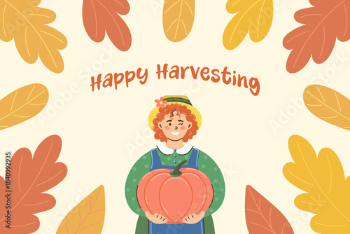 Horizontal rectangular frame of autumn leaves around the perimeter. Curly red haired woman holding large pumpkin in her hands. Autumn and harvest concept. Flat style vector illustration.