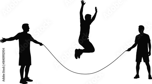 Jump Rope Game Silhouette Vector Illustration: Three People Playing Double Dutch or Skipping Rope, Showing Fitness, Teamwork, Youthful Energy, and Coordination Activity