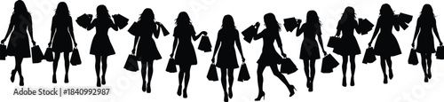 Large Group of Women and Female Shoppers Silhouettes Carrying Shopping Bags and Purses, Representing Retail, Fashion, Sales Events, and Consumerism