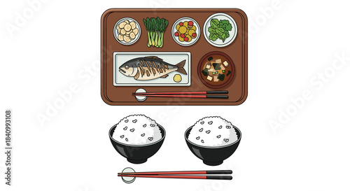 A traditional Japanese set meal, or teishoku, featuring grilled fish, rice, miso soup, and various side dishes served on a wooden tray.