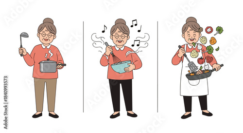A set of three illustrations showing a cheerful elderly woman happily cooking, singing while whisking, and stir-frying with flair.