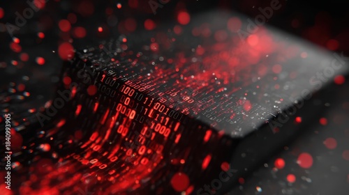 Abstract visualization of data streaming with vibrant red hues and binary sequences, symbolizing digital transformation.