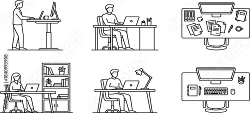 Office workspace illustration, desk setup, ergonomic posture, remote work, productivity tools, black and white drawing, top view, seated figure, accessoriesOffice workspace illustration, 
