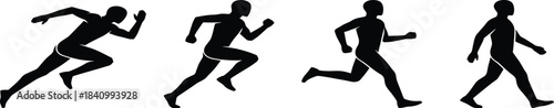 Running silhouette sequence, sprinting motion, jogging posture, black figure, athletic movement, dynamic pose, human biomechanics, sports training, physical activity, 